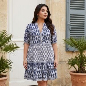 Wayan XL Mexican Tiered Dress White/Blue Pattern Knee Length EUC